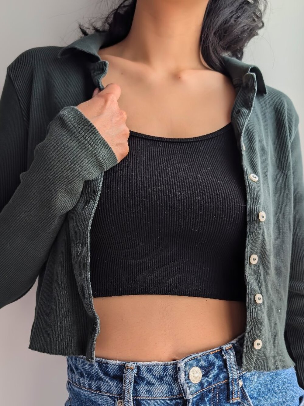 Forest Green Ribbed Cropped Cardigan with Collar